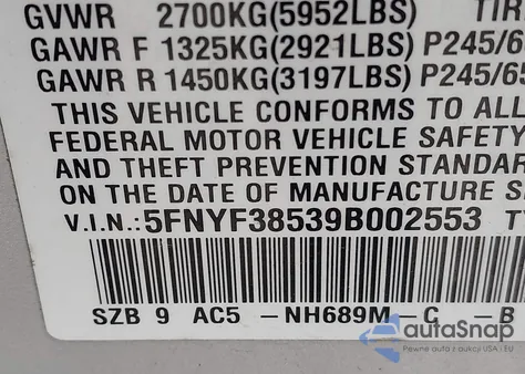 2009 Honda Pilot Ex-L из США, поврежденный, VIN 5FNYF38539B002553